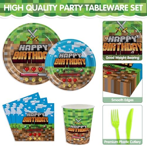 Pixel Game Birthday Party Tableware Set 120PCS