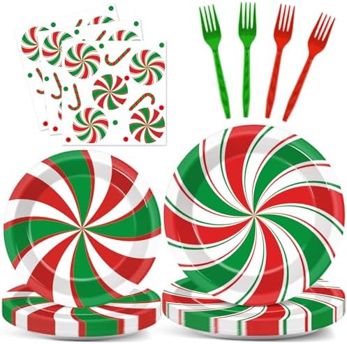 96 Pcs Christmas Peppermint Themed Plates Napkins Tableware Set for 24 Guests