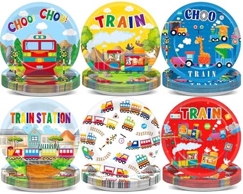 60Pcs Train Theme Paper Plates for Birthday Party