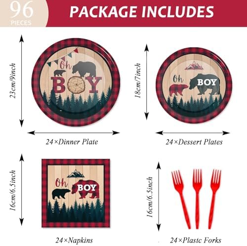 Buffalo Plaid 96 Pcs Party Plates Napkins Set for 24 Guests