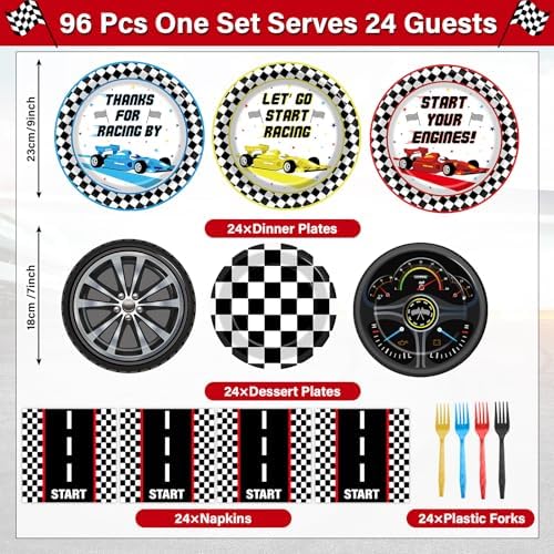 96Pcs Racing Car Party Plates Napkins Set for 24 Guests