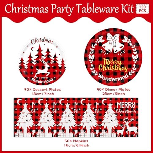 150pcs Red Buffalo Plaid Christmas Party Tableware Set for 50 Guests