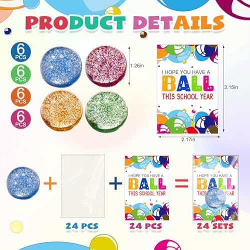 24 Piece Glitter Bouncy Ball Set with Cards for Kids and Cats
