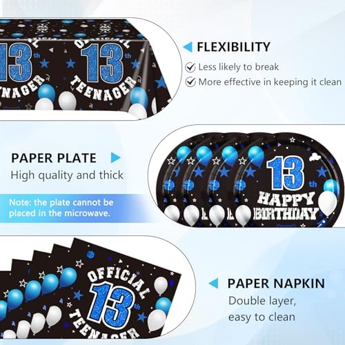 13th Birthday Plates Napkins and Tablecloth Set for Kids