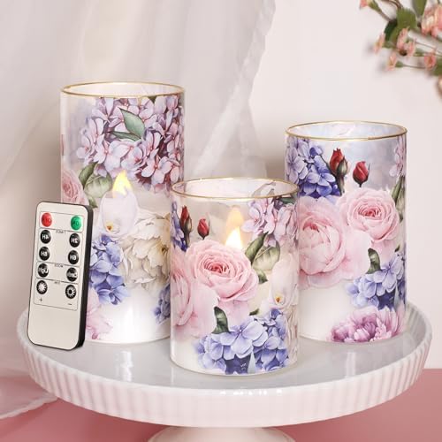 Silverstro Hydrangea Rose Flameless Candles Set of 3 With Remote Timer