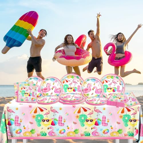 61pcs Pink Pool Party Plates Napkins Tableware