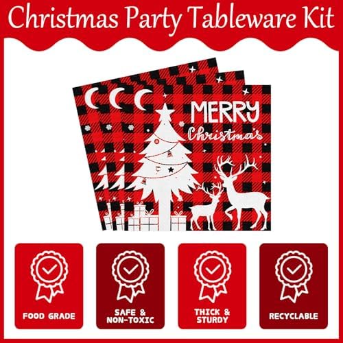 150pcs Red Buffalo Plaid Christmas Party Tableware Set for 50 Guests