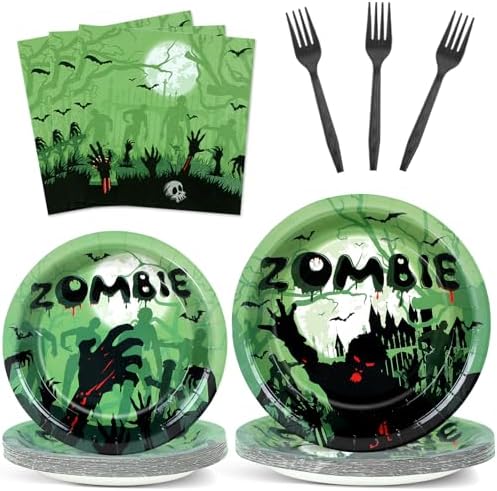Wiooffen 96 Pcs Zombie Halloween Plates Napkins Tableware Set