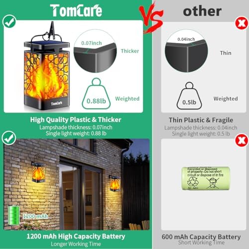 TomCare Solar Lanterns Outdoor 2 Pack Flickering Flame