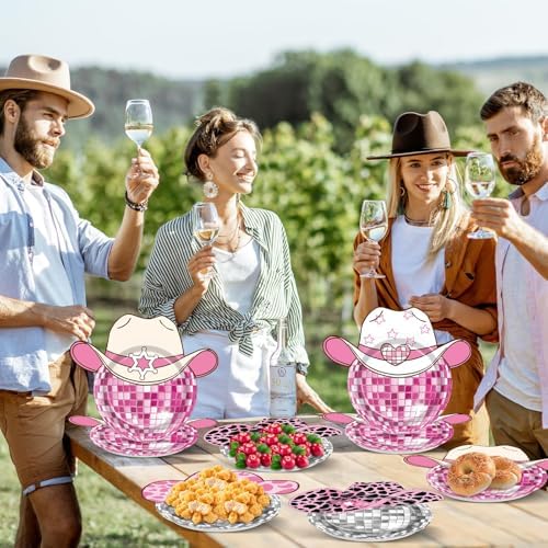 48Pcs Pink Disco Ball Cow Print Paper Plates for Cowgirl Party