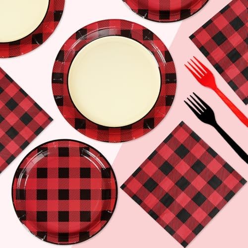 Grencian 96PCS Red Black Buffalo Plaid Party Plates