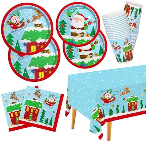 Santa-Themed Disposable Plates Napkins Cups Set with Waterproof Tablecloth - 25 Pieces