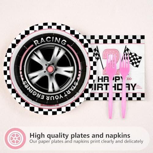 Grencian 96Pcs Pink Race Car Party Tableware Set for 2nd Birthday