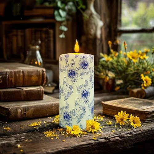 Flameless Pillar Candle with Remote Control 6 Inch Blue and Flower Design