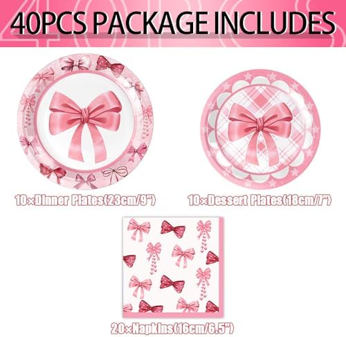 Pink Bow Plates and Napkins Party Tableware Set for 10 Guests
