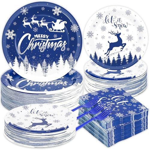 200Pcs Blue Christmas Plates Napkins Tableware Set for 50 Guests