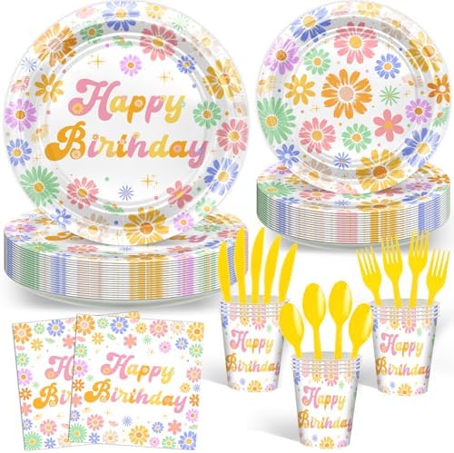 Avezano 168 PCS Daisy Birthday Decorations Plates Napkins Set