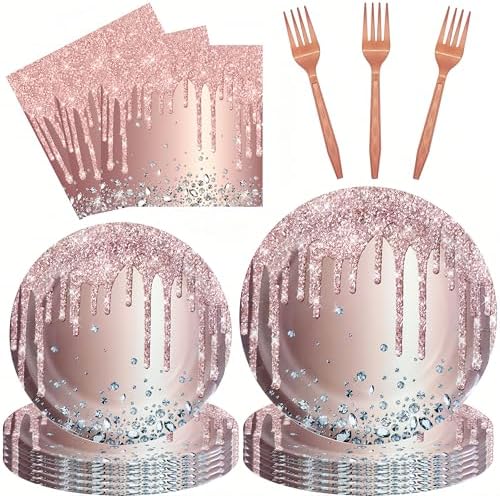 DTDO 96 Pcs Rose Gold Disposable Plates Napkins and Forks