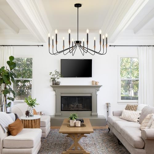 12-Light Black Modern Farmhouse Chandelier for Dining Room and Entryway