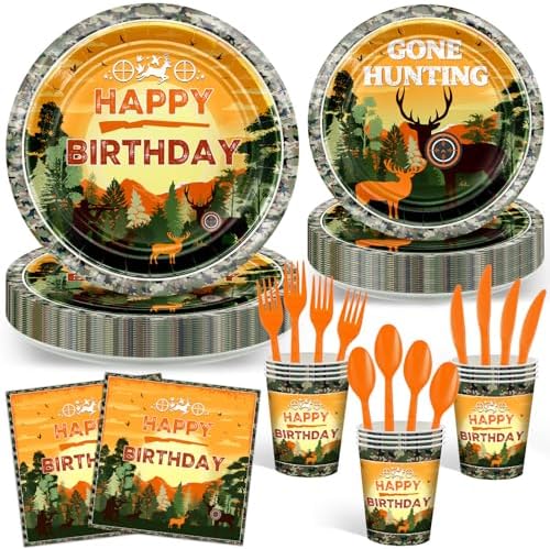 Avezano 168 PCS Hunting Camo Birthday Tableware Set for 24 Guests