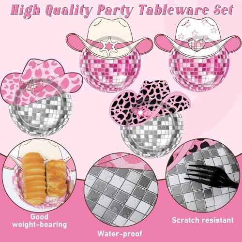 48Pcs Pink Disco Ball Cow Print Paper Plates for Cowgirl Party