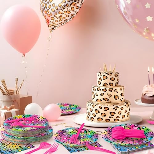 K1tpde Iridescent Rainbow Leopard Tableware 96PCS Set