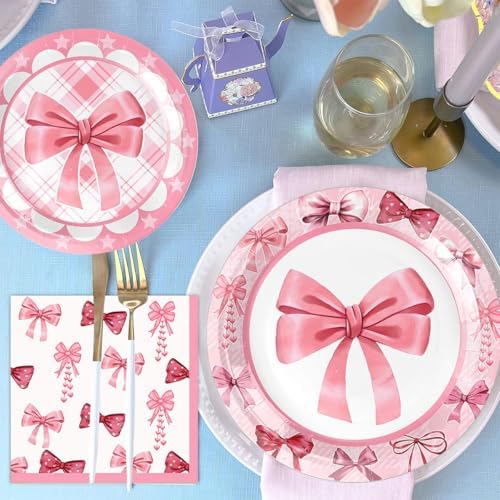 Pink Bow Plates and Napkins Party Tableware Set for 10 Guests