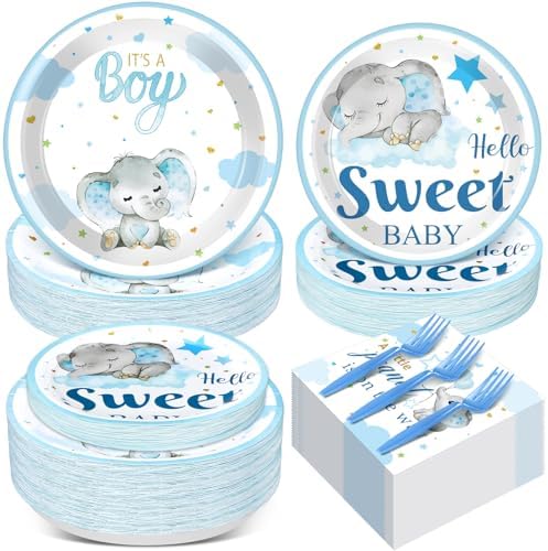 Havawish Blue Elephant Baby Shower Plates and Napkins Set