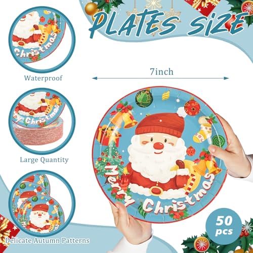 50PCS Blue Christmas Paper Plates 7 Inch