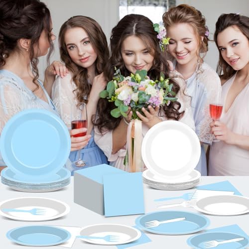 96PCS Blue and White Party Plates and Napkins Set for 24 Guests
