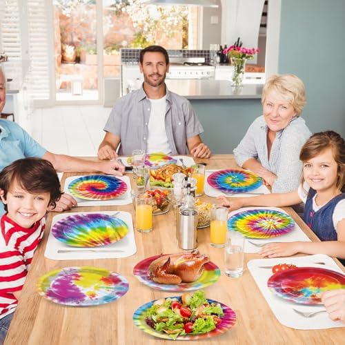 72PCS Rainbow Tie Dye Plates for 60s 70s Theme Party