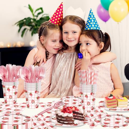 Strawberry Party Tableware Set 24 Guest Disposable Plates Cups Straws