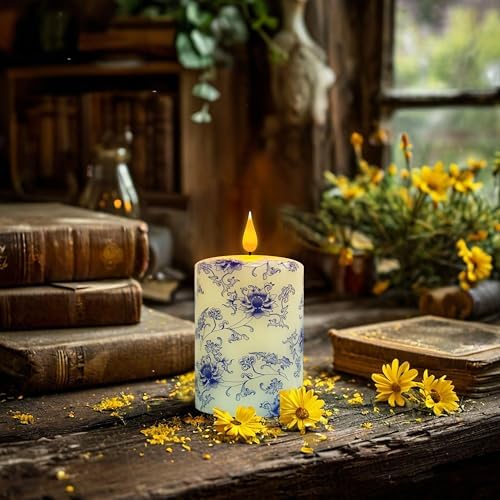 DEVSYWAX Flameless Pillar Candle 4 Inch Blue White Porcelain Real Wax