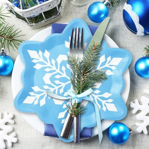 60Pcs Winter Snowflake Paper Plates with Pink Blue Purple Design