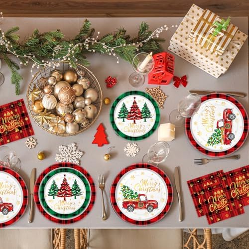 175 PCS Christmas Tree Plaid Party Plates Set for 25 Guests