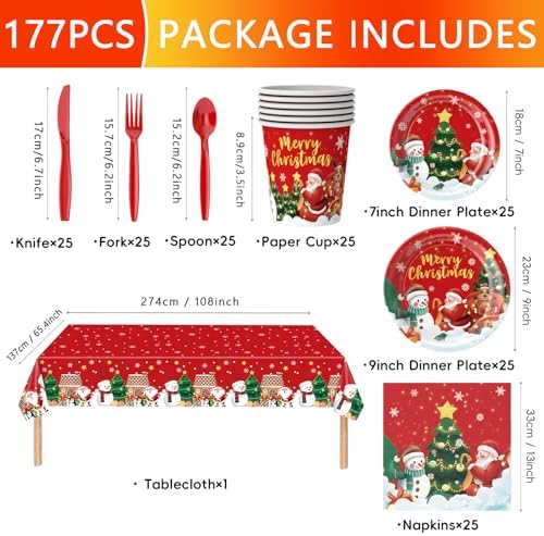 177PCS Christmas Paper Plates Napkins Party Supplies