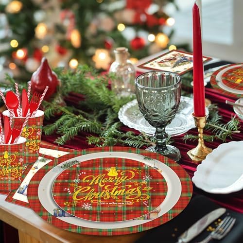 116 Piece Santa Plaid Party Tableware Set for 16 Guests