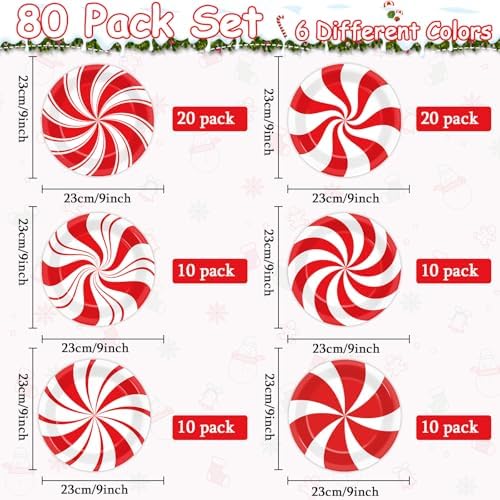 Wiooffen 80Pcs Christmas Peppermint Plates Party Supplies