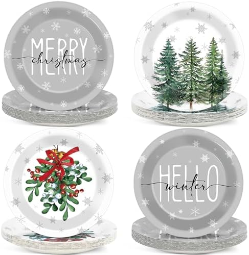 48Pcs Grey Christmas Party Plates 7 for Winter Holiday