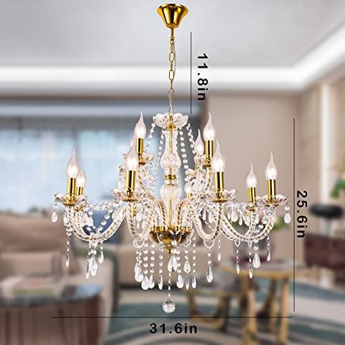 Crystal Gold Candle Chandelier 12 Light Pendant Ceiling Lamp for Home