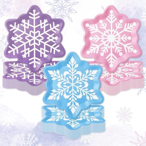 60Pcs Winter Snowflake Paper Plates with Pink Blue Purple Design
