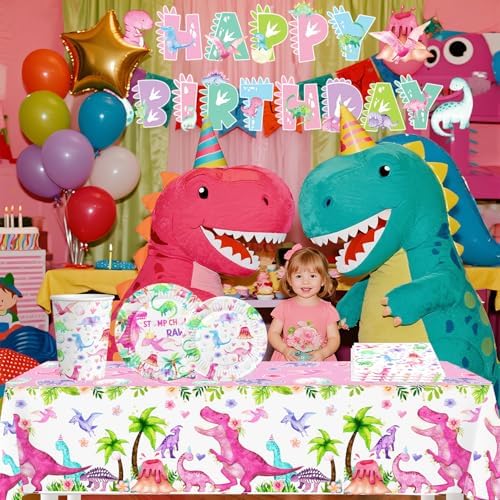 Pink Dinosaur Birthday Decorations Plates Cups Napkins Set