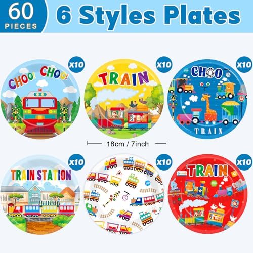 60Pcs Train Theme Paper Plates for Birthday Party