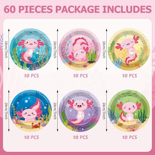 60Pcs Pink Axolotl Birthday Plates Decorations