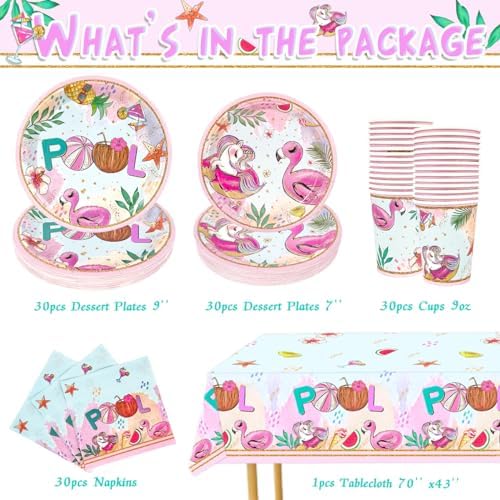 Summer Pool Party Decorations 121PCS Pink Plates Napkins Set