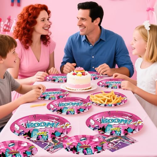 96 Pcs Pink Hero Birthday Party Tableware Set