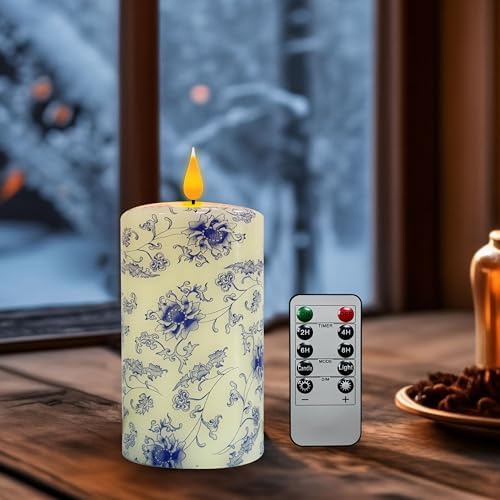 Flameless Pillar Candle 4 Blue and White Porcelain Design with Remote Control