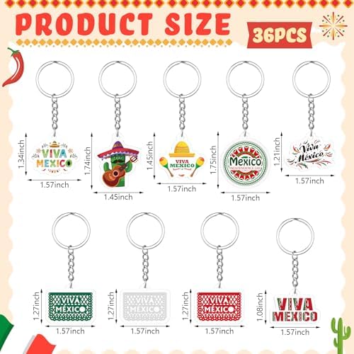 36 Pcs Viva Mexico Keychain Acrylic Bulk Set 9 Styles