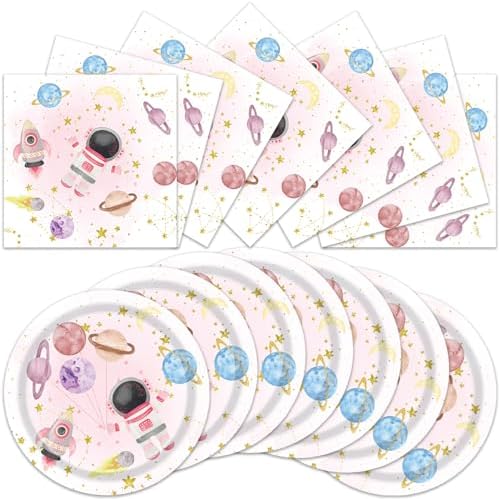 40Pcs Pink Space Themed Party Plates Napkins Set
