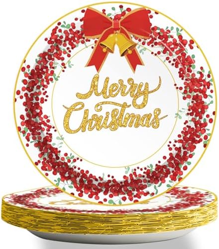 Chiazllta 48pcs Christmas Paper Plates Red Gold Edge Party Tableware